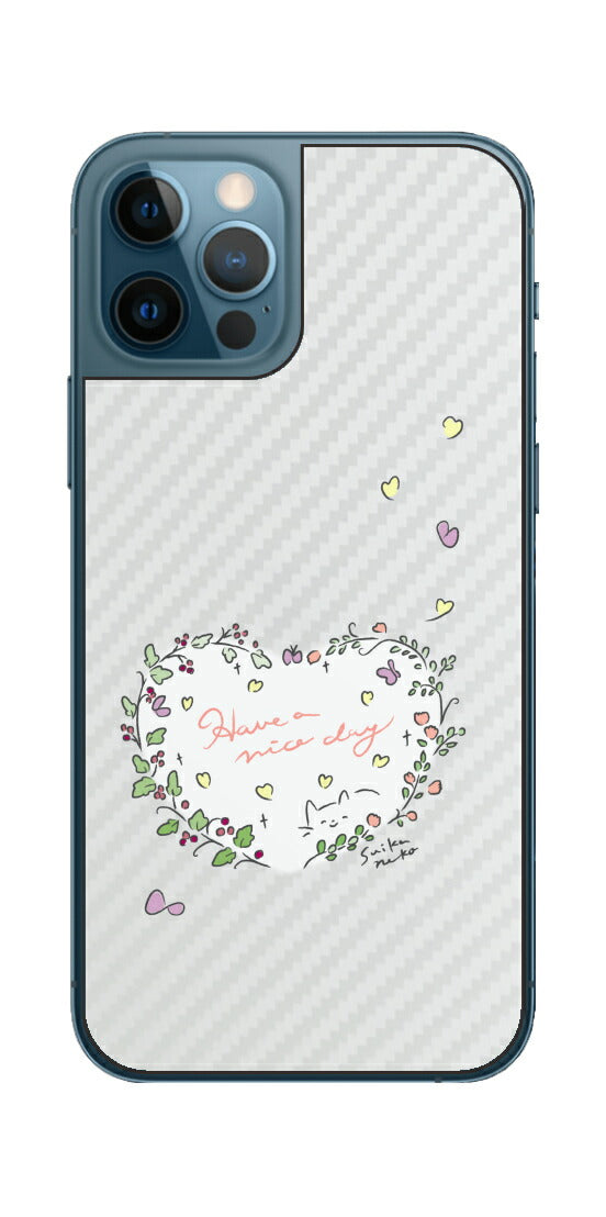 iPhone 12 Pro / iPhone 12用 【コラボ プリント Design by すいかねこ 007 】 カーボン調 背面 保護 フィルム 日本製
