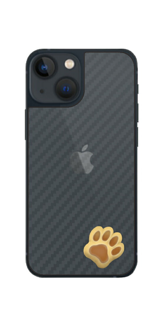 iPhone 13 mini用 カーボン調 肉球 イラスト プリント 背面保護フィルム 日本製 [なんちゃって ぷくぷく イエロー/ブラウン]