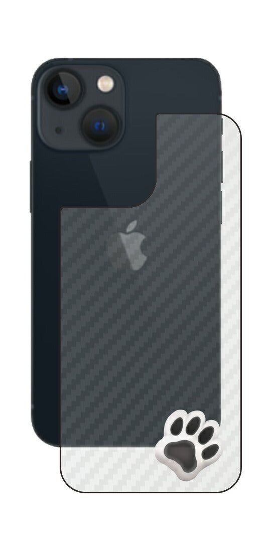 iPhone 13 mini用 カーボン調 肉球 イラスト プリント 背面保護フィルム 日本製 [なんちゃって ぷくぷく ホワイト/ブラック]