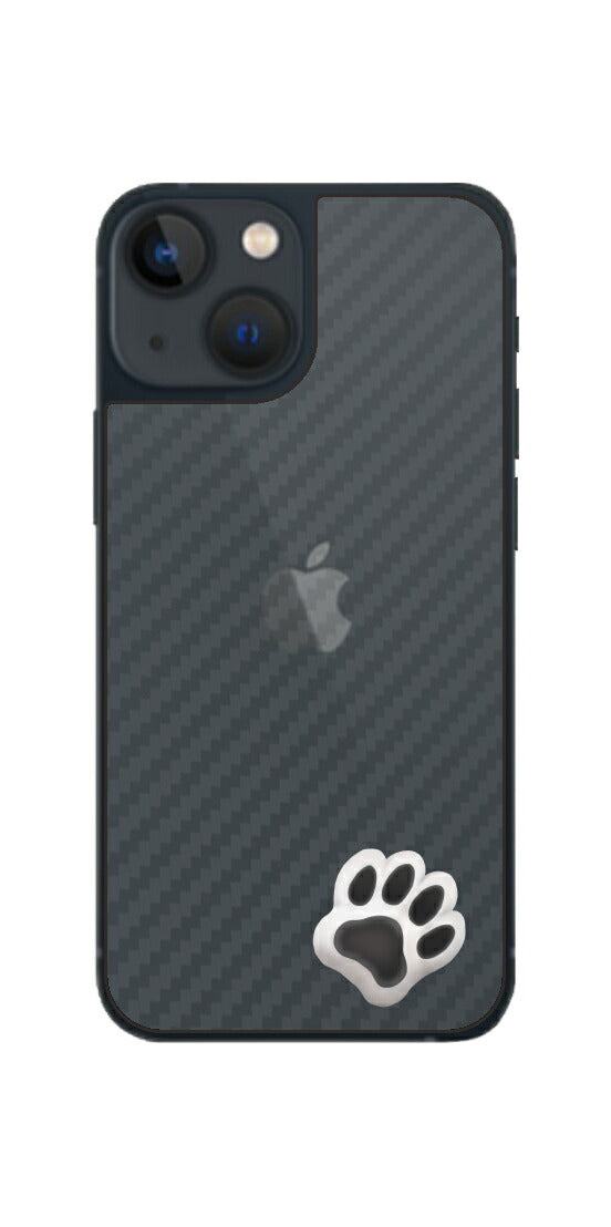 iPhone 13 mini用 カーボン調 肉球 イラスト プリント 背面保護フィルム 日本製 [なんちゃって ぷくぷく ホワイト/ブラック]