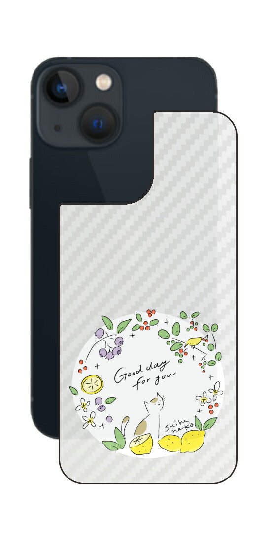 iPhone 13 mini用 【コラボ プリント Design by すいかねこ 002 】 カーボン調 背面 保護 フィルム 日本製