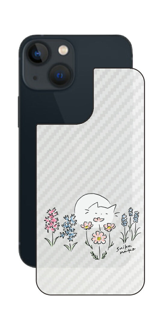 iPhone 13 mini用 【コラボ プリント Design by すいかねこ 003 】 カーボン調 背面 保護 フィルム 日本製