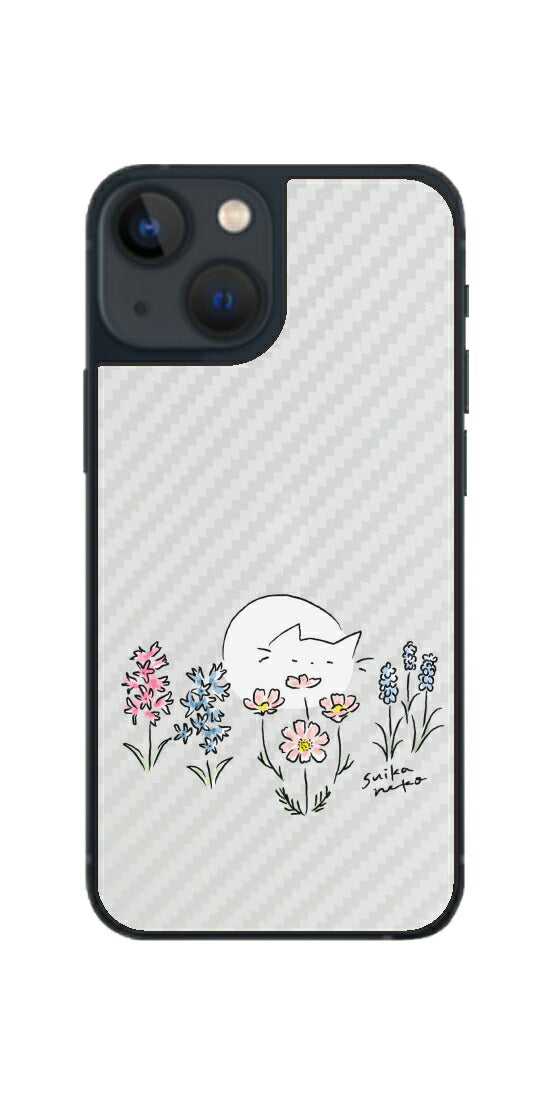 iPhone 13 mini用 【コラボ プリント Design by すいかねこ 003 】 カーボン調 背面 保護 フィルム 日本製