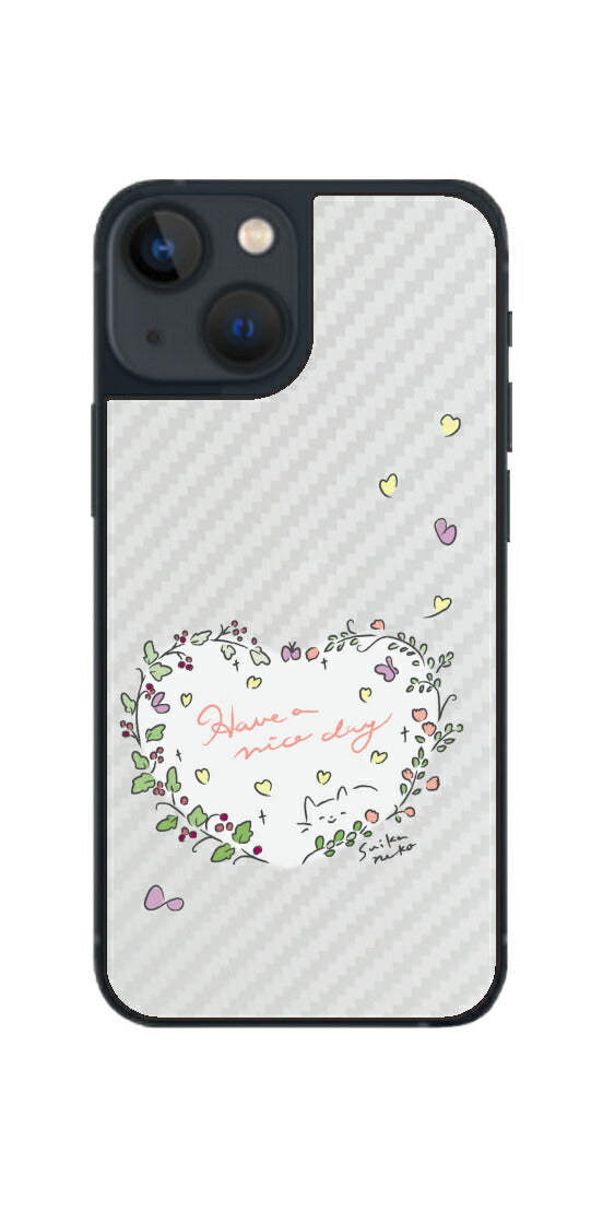 iPhone 13 mini用 【コラボ プリント Design by すいかねこ 007 】 カーボン調 背面 保護 フィルム 日本製
