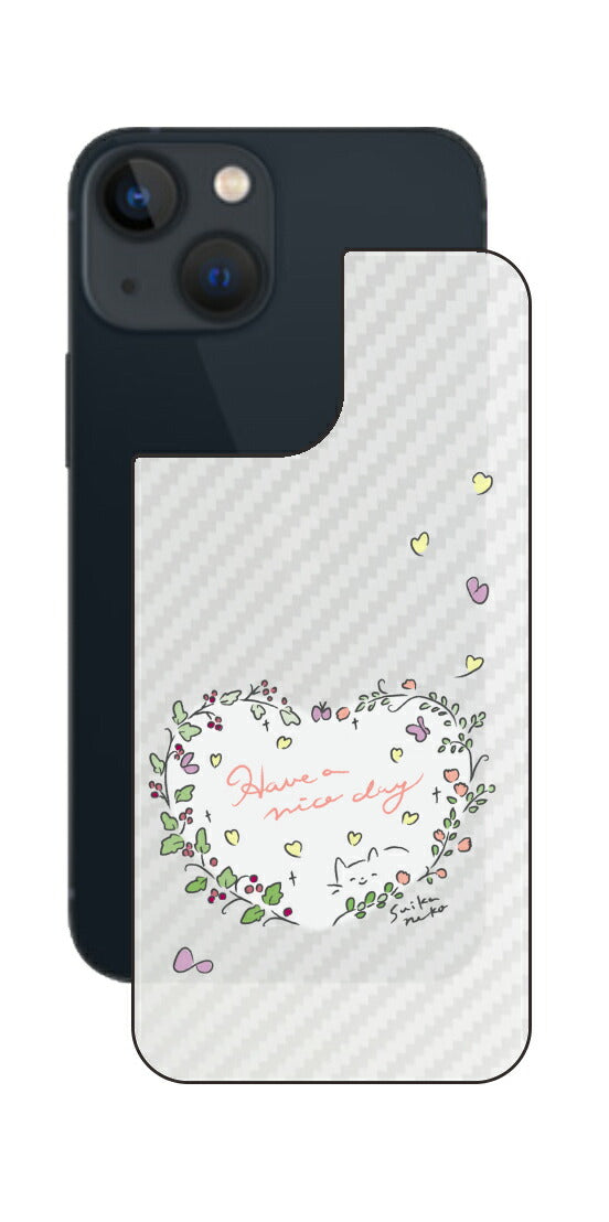 iPhone 13 mini用 【コラボ プリント Design by すいかねこ 007 】 カーボン調 背面 保護 フィルム 日本製