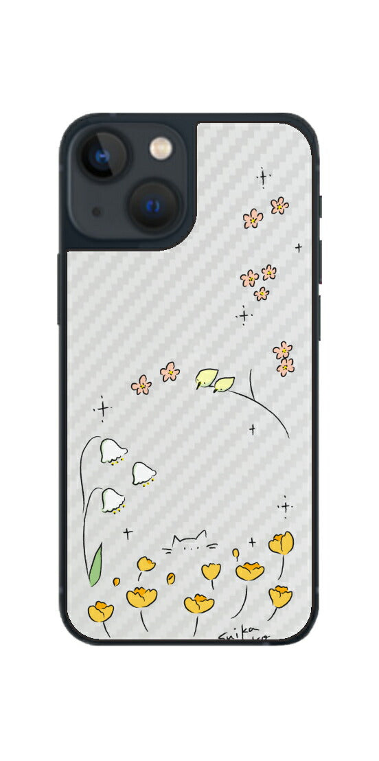 iPhone 13 mini用 【コラボ プリント Design by すいかねこ 009 】 カーボン調 背面 保護 フィルム 日本製
