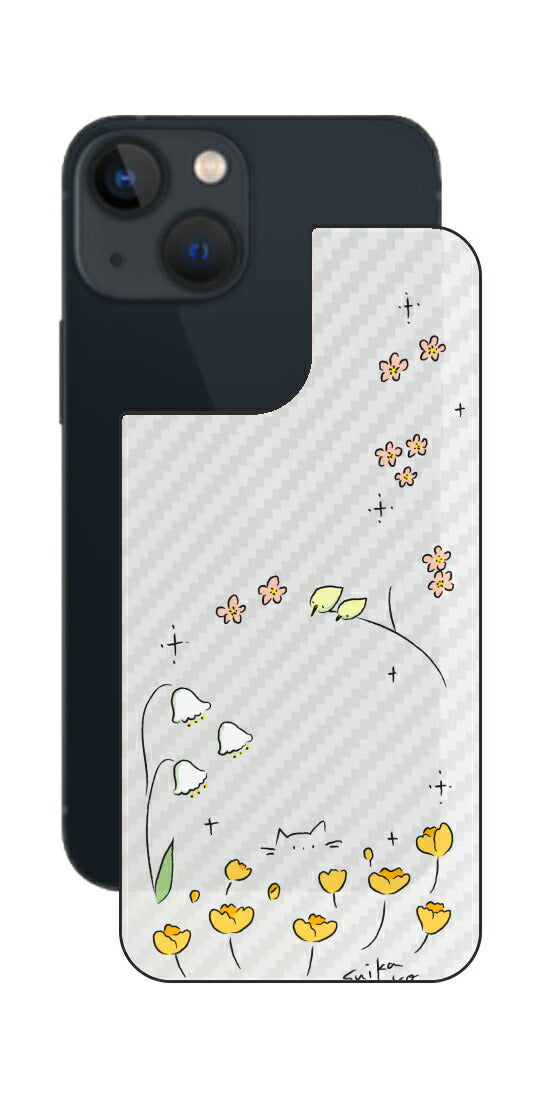 iPhone 13 mini用 【コラボ プリント Design by すいかねこ 009 】 カーボン調 背面 保護 フィルム 日本製