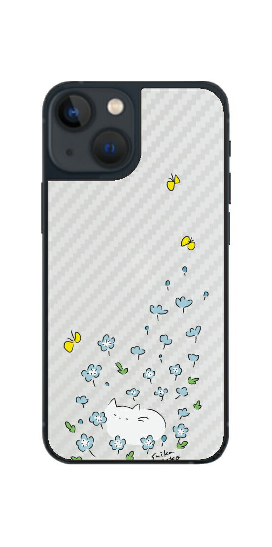 iPhone 13 mini用 【コラボ プリント Design by すいかねこ 010 】 カーボン調 背面 保護 フィルム 日本製