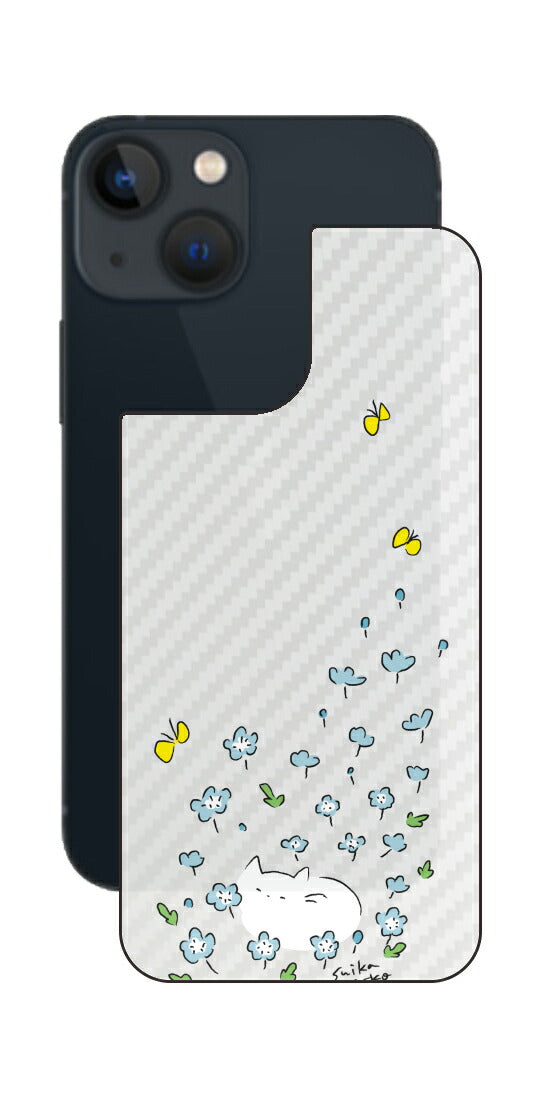iPhone 13 mini用 【コラボ プリント Design by すいかねこ 010 】 カーボン調 背面 保護 フィルム 日本製
