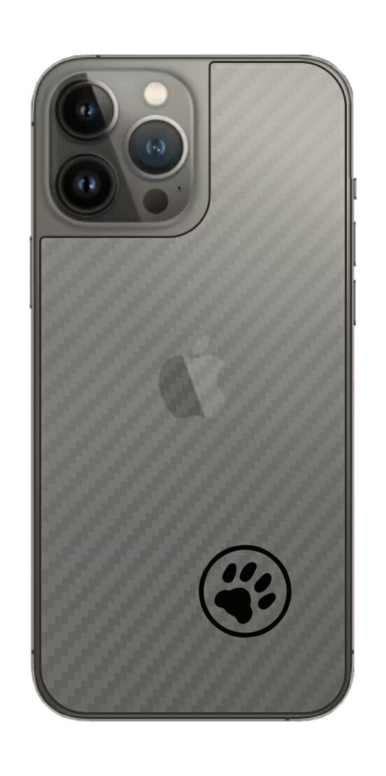 iPhone 13 Pro Max用 カーボン調 肉球 イラスト プリント 背面保護フィルム 日本製 [ワンポイント 丸 ブラック]