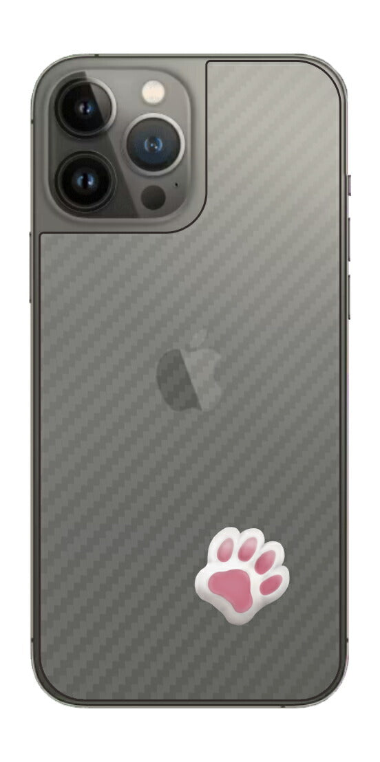 iPhone 13 Pro Max用 カーボン調 肉球 イラスト プリント 背面保護フィルム 日本製 [なんちゃって ぷくぷく ホワイト/ピンク]