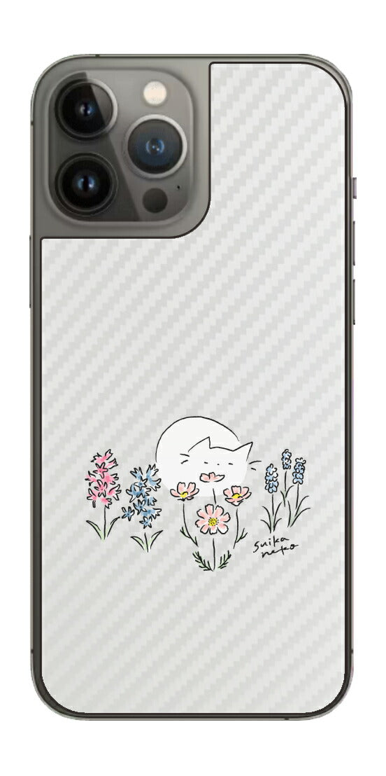 iPhone 13 Pro Max用 【コラボ プリント Design by すいかねこ 003 】 カーボン調 背面 保護 フィルム 日本製