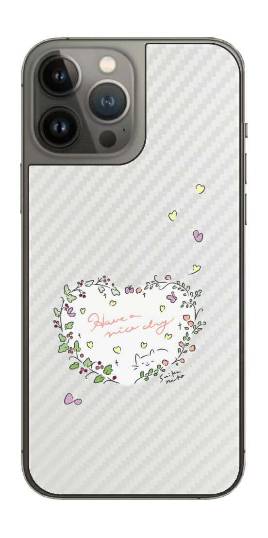 iPhone 13 Pro Max用 【コラボ プリント Design by すいかねこ 007 】 カーボン調 背面 保護 フィルム 日本製