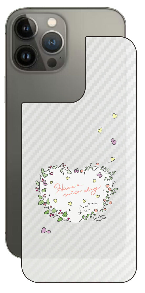 iPhone 13 Pro Max用 【コラボ プリント Design by すいかねこ 007 】 カーボン調 背面 保護 フィルム 日本製