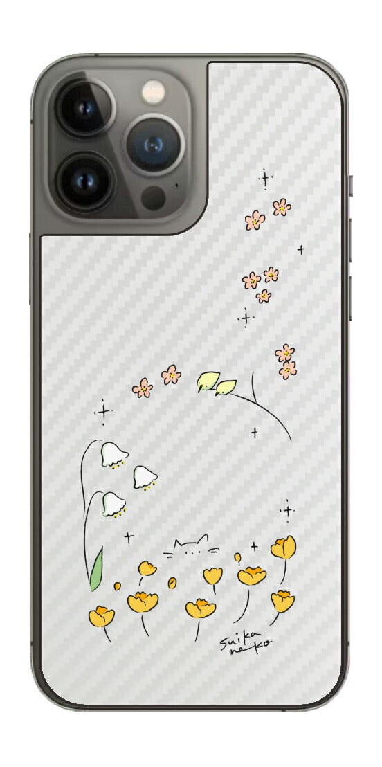 iPhone 13 Pro Max用 【コラボ プリント Design by すいかねこ 009 】 カーボン調 背面 保護 フィルム 日本製