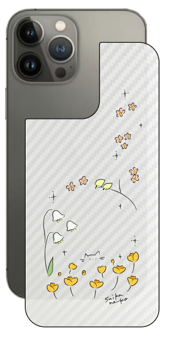 iPhone 13 Pro Max用 【コラボ プリント Design by すいかねこ 009 】 カーボン調 背面 保護 フィルム 日本製