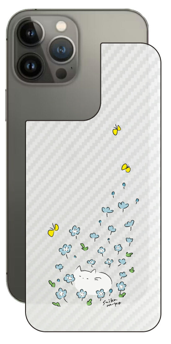 iPhone 13 Pro Max用 【コラボ プリント Design by すいかねこ 010 】 カーボン調 背面 保護 フィルム 日本製