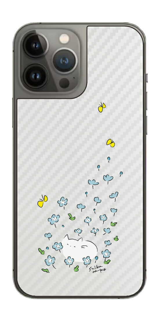 iPhone 13 Pro Max用 【コラボ プリント Design by すいかねこ 010 】 カーボン調 背面 保護 フィルム 日本製