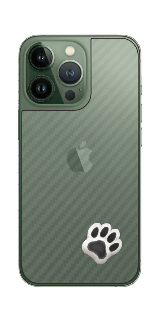iPhone 13 Pro / iPhone 13用 カーボン調 肉球 イラスト プリント 背面保護フィルム 日本製 [なんちゃって ぷくぷく ホワイト/ブラック]