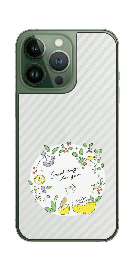 iPhone 13 Pro / iPhone 13用 【コラボ プリント Design by すいかねこ 002 】 カーボン調 背面 保護 フィルム 日本製
