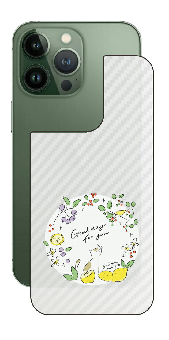 iPhone 13 Pro / iPhone 13用 【コラボ プリント Design by すいかねこ 002 】 カーボン調 背面 保護 フィルム 日本製