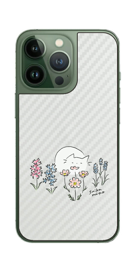 iPhone 13 Pro / iPhone 13用 【コラボ プリント Design by すいかねこ 003 】 カーボン調 背面 保護 フィルム 日本製