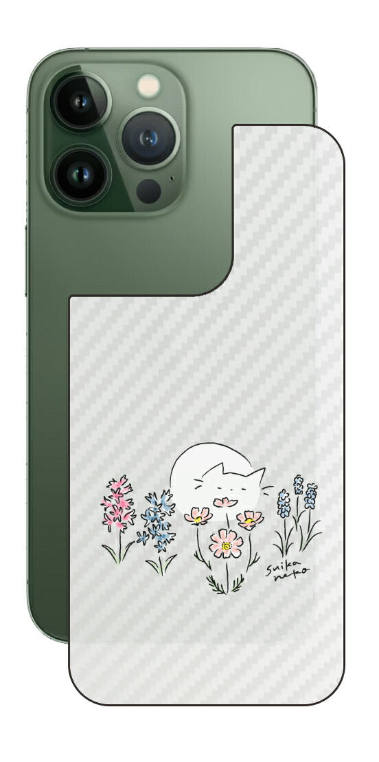 iPhone 13 Pro / iPhone 13用 【コラボ プリント Design by すいかねこ 003 】 カーボン調 背面 保護 フィルム 日本製