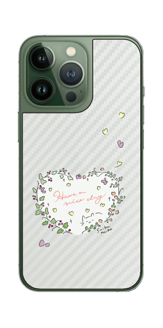 iPhone 13 Pro / iPhone 13用 【コラボ プリント Design by すいかねこ 007 】 カーボン調 背面 保護 フィルム 日本製