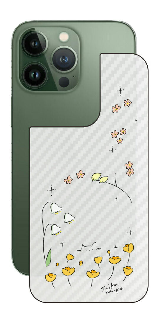 iPhone 13 Pro / iPhone 13用 【コラボ プリント Design by すいかねこ 009 】 カーボン調 背面 保護 フィルム 日本製