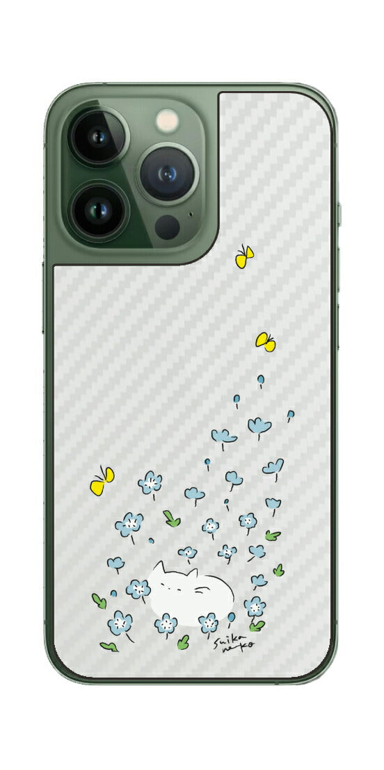 iPhone 13 Pro / iPhone 13用 【コラボ プリント Design by すいかねこ 010 】 カーボン調 背面 保護 フィルム 日本製