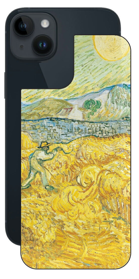 iPhone 14 plus用 背面 保護 フィルム 名画 プリント ゴッホ サンポール病院の後ろの小麦畑と刈り取り機（ フィンセント ファン ゴッホ Vincent Willem van Gogh ）