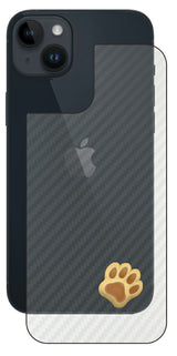 iPhone 14 plus用 カーボン調 肉球 イラスト プリント 背面保護フィルム 日本製 [なんちゃって ぷくぷく イエロー/ブラウン]