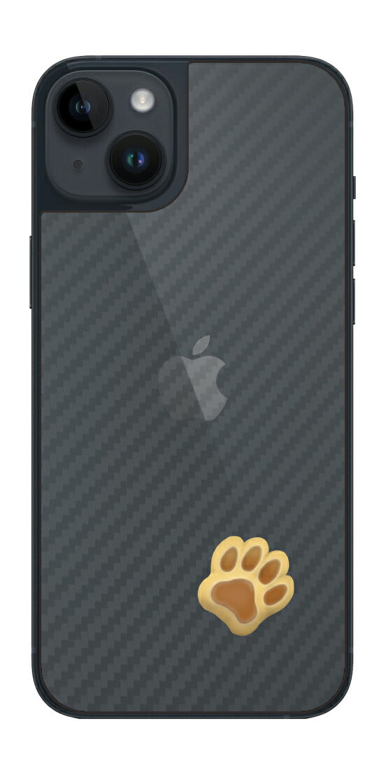 iPhone 14 plus用 カーボン調 肉球 イラスト プリント 背面保護フィルム 日本製 [なんちゃって ぷくぷく イエロー/ブラウン]