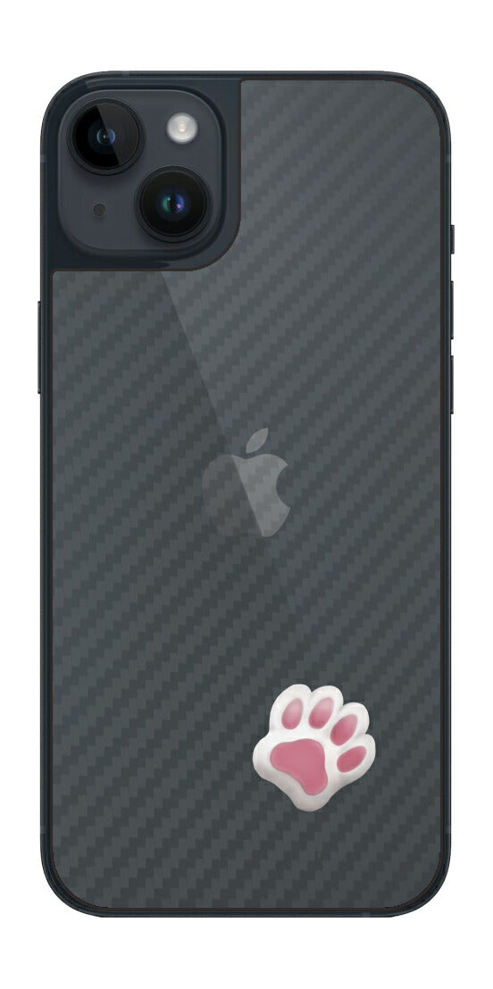 iPhone 14 plus用 カーボン調 肉球 イラスト プリント 背面保護フィルム 日本製 [なんちゃって ぷくぷく ホワイト/ピンク]