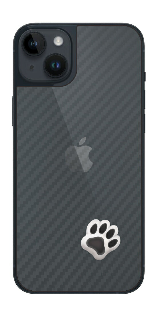 iPhone 14 plus用 カーボン調 肉球 イラスト プリント 背面保護フィルム 日本製 [なんちゃって ぷくぷく ホワイト/ブラック]