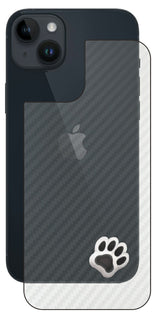 iPhone 14 plus用 カーボン調 肉球 イラスト プリント 背面保護フィルム 日本製 [なんちゃって ぷくぷく ホワイト/ブラック]