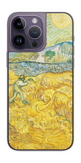 iPhone 14 pro Max用 背面 保護 フィルム 名画 プリント ゴッホ サンポール病院の後ろの小麦畑と刈り取り機（ フィンセント ファン ゴッホ Vincent Willem van Gogh ）