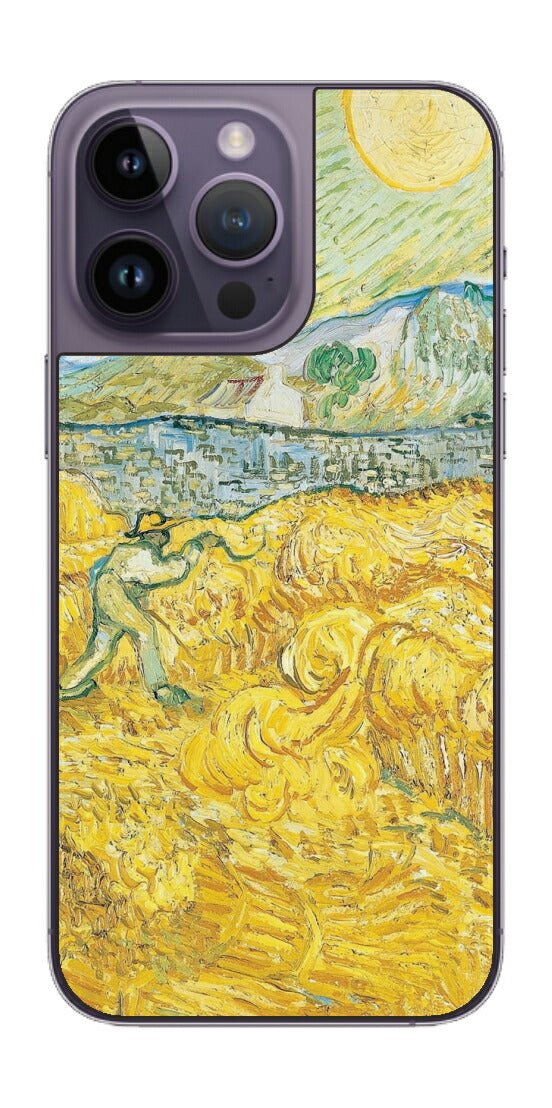 iPhone 14 pro Max用 背面 保護 フィルム 名画 プリント ゴッホ サンポール病院の後ろの小麦畑と刈り取り機（ フィンセント ファン ゴッホ Vincent Willem van Gogh ）