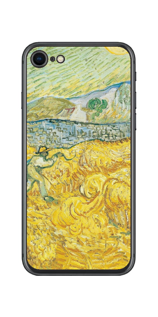 iPhone SE 第2世代用 背面 保護 フィルム 名画 プリント ゴッホ サンポール病院の後ろの小麦畑と刈り取り機（ フィンセント ファン ゴッホ Vincent Willem van Gogh ）