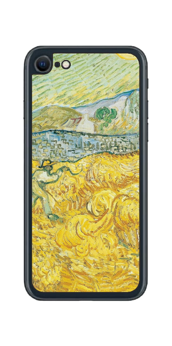 iPhone SE 2022 第3世代用 背面 保護 フィルム 名画 プリント ゴッホ サンポール病院の後ろの小麦畑と刈り取り機（ フィンセント ファン ゴッホ Vincent Willem van Gogh ）