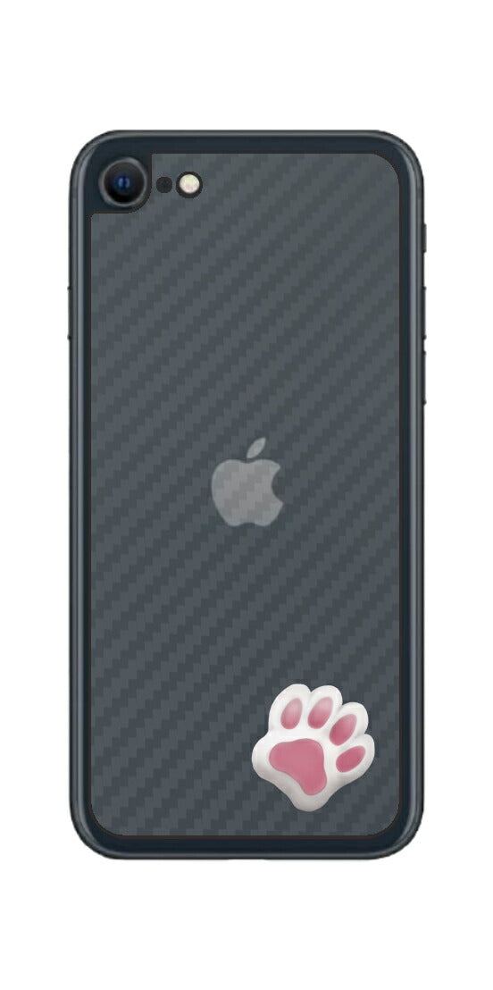 iPhone SE 2022 第3世代用 カーボン調 肉球 イラスト プリント 背面保護フィルム 日本製 [なんちゃって ぷくぷく ホワイト/ピンク]