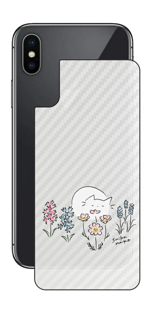 iPhone X用 【コラボ プリント Design by すいかねこ 003 】 カーボン調 背面 保護 フィルム 日本製