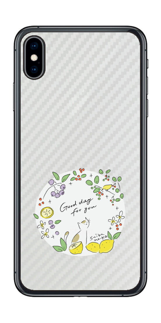 iPhone XS Max用 【コラボ プリント Design by すいかねこ 002 】 カーボン調 背面 保護 フィルム 日本製