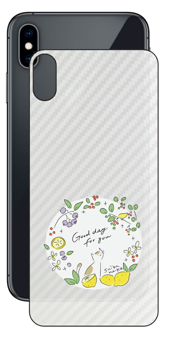 iPhone XS Max用 【コラボ プリント Design by すいかねこ 002 】 カーボン調 背面 保護 フィルム 日本製