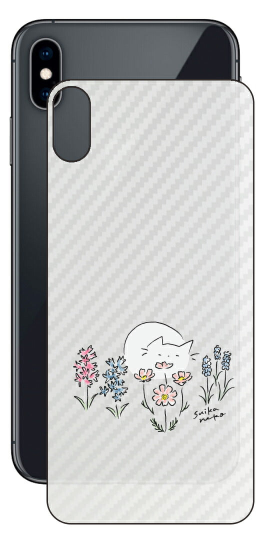 iPhone XS Max用 【コラボ プリント Design by すいかねこ 003 】 カーボン調 背面 保護 フィルム 日本製