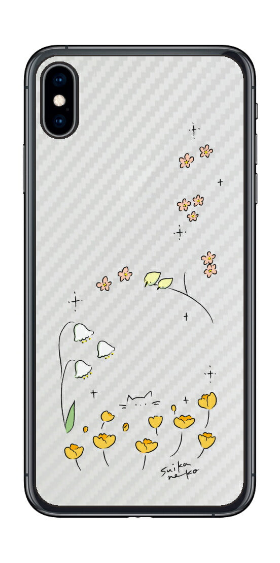 iPhone XS Max用 【コラボ プリント Design by すいかねこ 009 】 カーボン調 背面 保護 フィルム 日本製