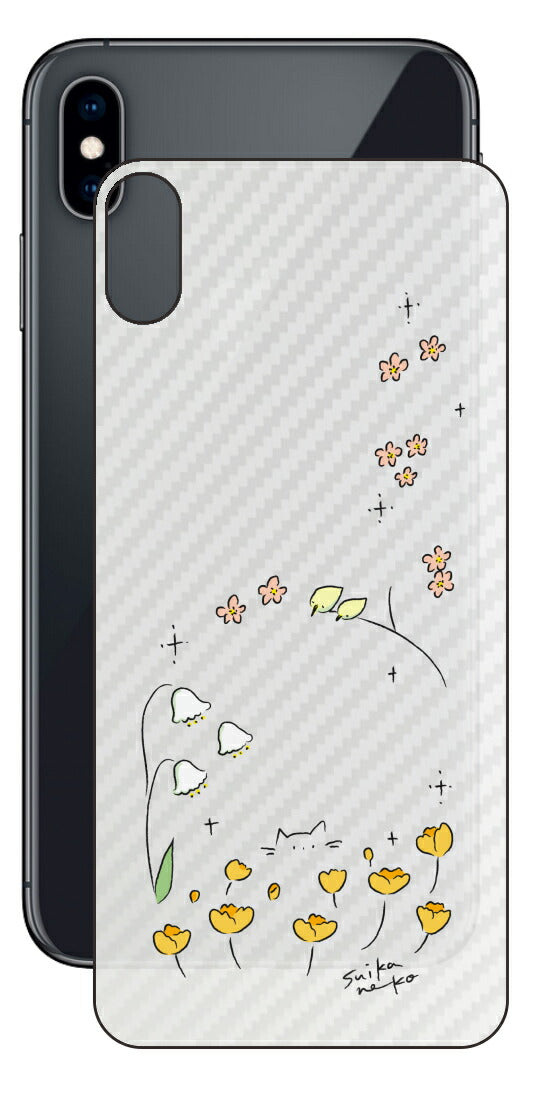 iPhone XS Max用 【コラボ プリント Design by すいかねこ 009 】 カーボン調 背面 保護 フィルム 日本製