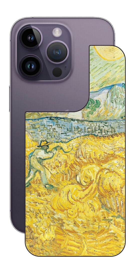 iPhone 14 pro用 背面 保護 フィルム 名画 プリント ゴッホ サンポール病院の後ろの小麦畑と刈り取り機（ フィンセント ファン ゴッホ Vincent Willem van Gogh ）