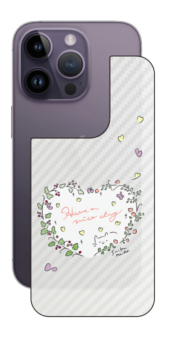 iPhone 14 Pro用 【コラボ プリント Design by すいかねこ 007 】 カーボン調 背面 保護 フィルム 日本製