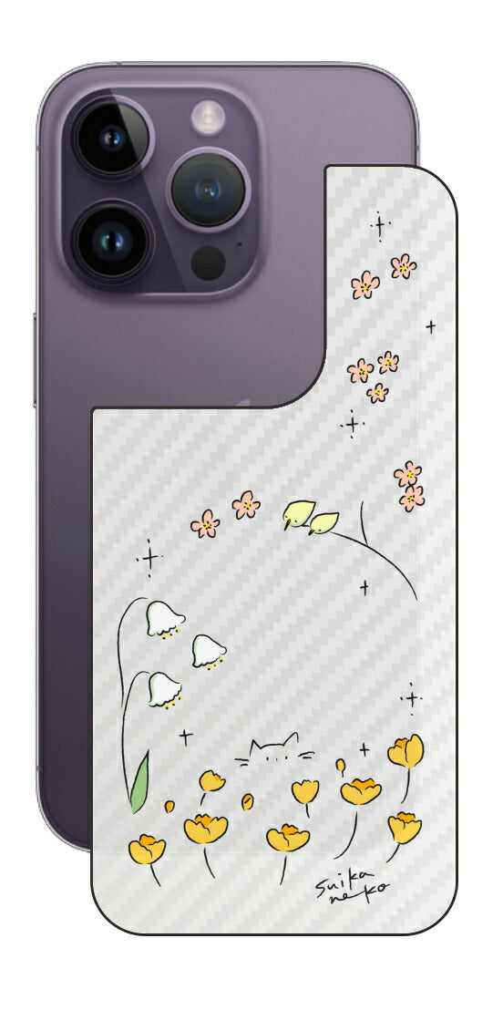 iPhone 14 Pro用 【コラボ プリント Design by すいかねこ 009 】 カーボン調 背面 保護 フィルム 日本製
